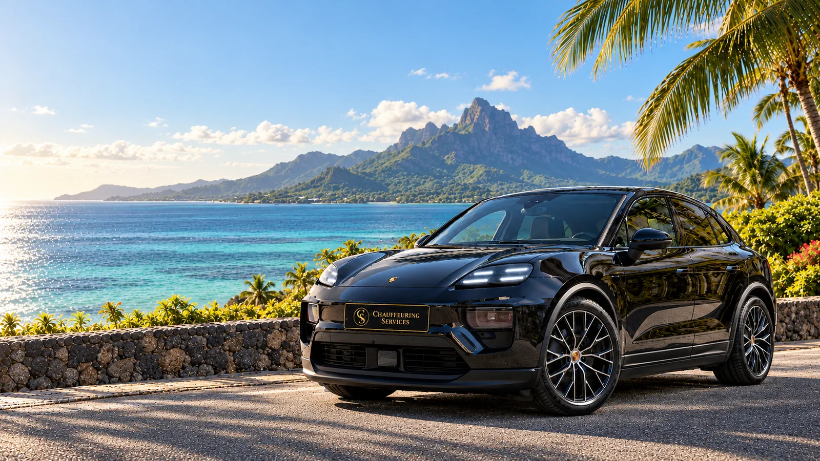 A black Porsche Macan with a Chauffeuring Services plate parked beside a tropical lagoon in Mauritius, mountains behind